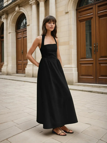 Simple and Chic Cotton & Linen Halter A Line Long Dress