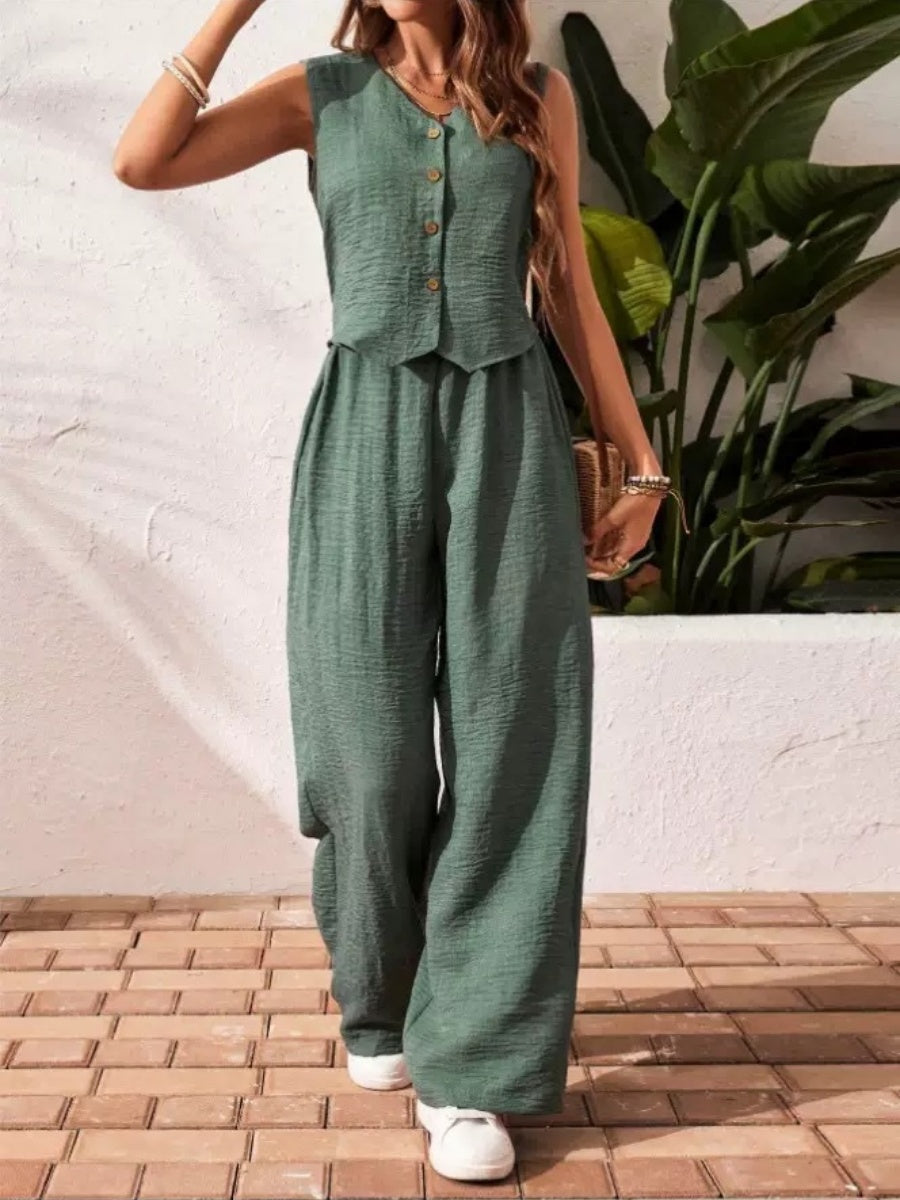 Pleated Solid Color Sleeveless Button Vest Wide-leg Pants 2-piece Sets