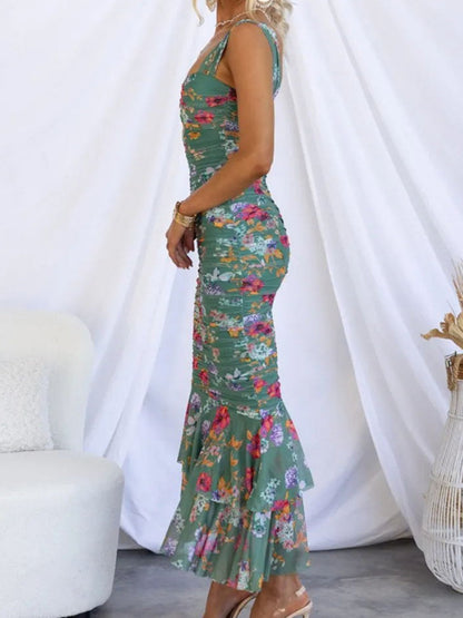 Printed Gathering Camisoles V-neck Ruffle Maxi Dresses