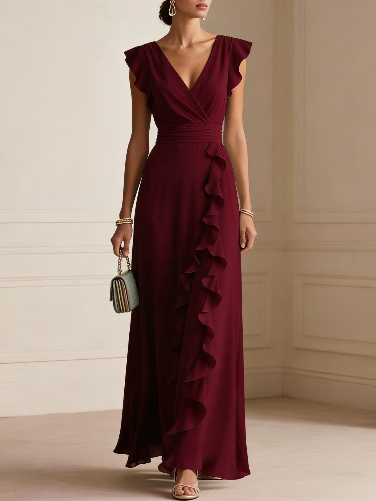 Solid Color Pleated Short Sleeve V-neck Chiffon Long Dress