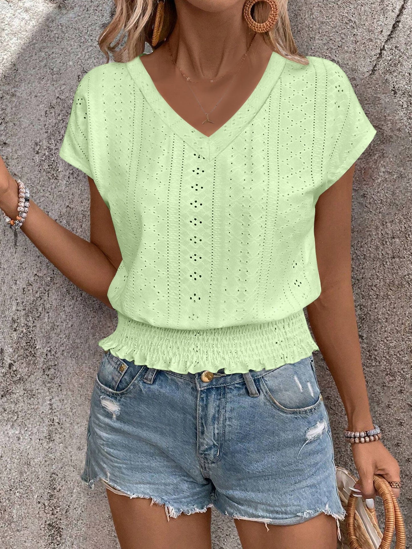 Jacquard Hollow Out Slab V-neck Short Sleeve T-shirts