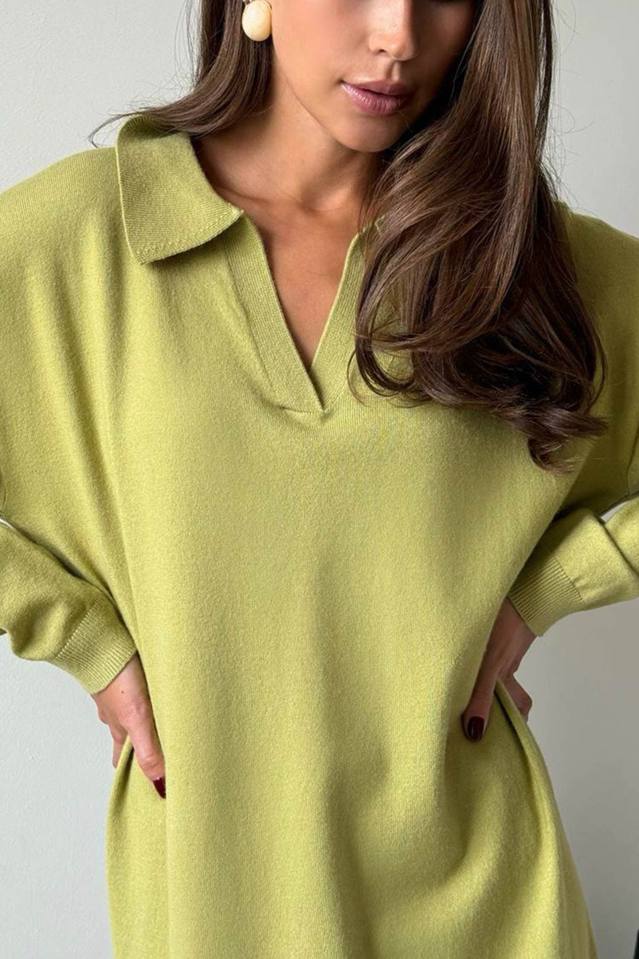 Lapel Long Sleeve Loose Knit Dress
