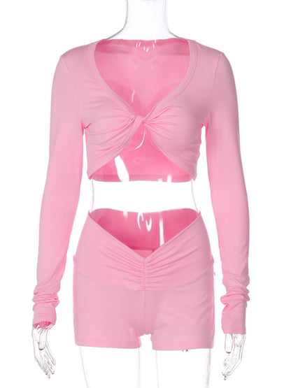 Knotted Long-sleeved Top Tight Shorts Exercise And Fitness 2-piece Sets
