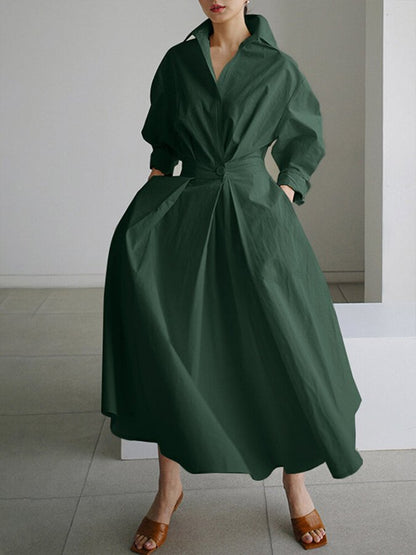 Long Sleeve Wrap Front Deep V-Neck Pleated Maxi Shirt Dress