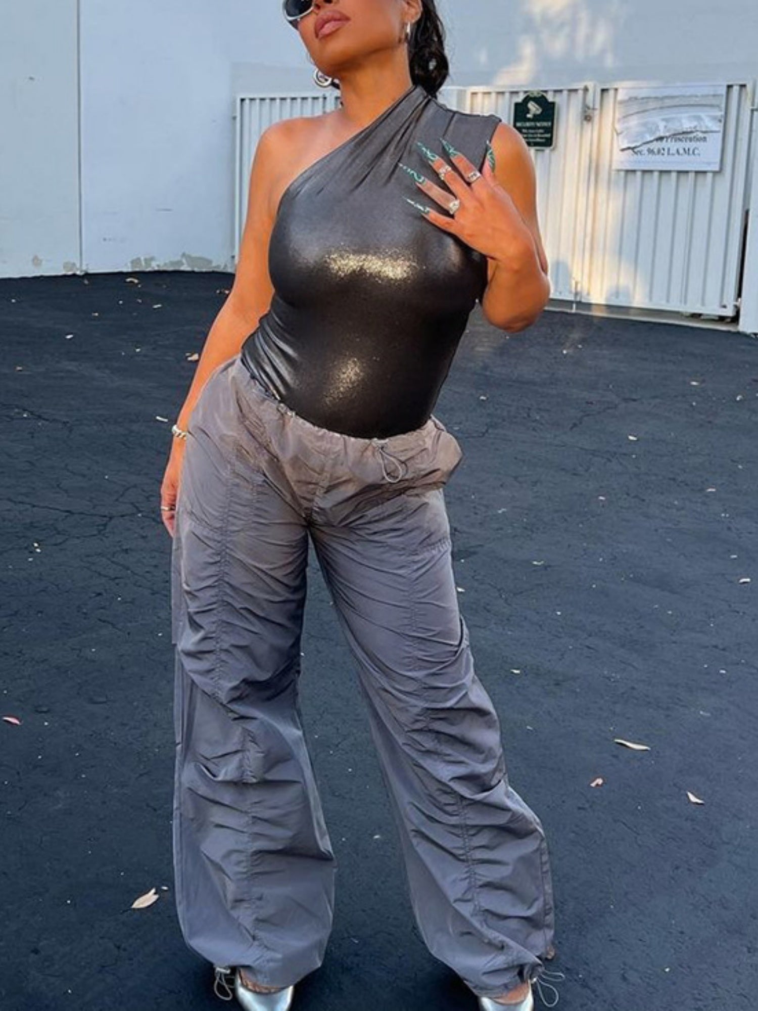 Imitation PU Metallic Luster Slim-fit Sleeveless Bodysuits