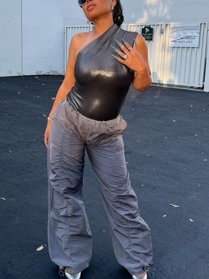 Imitation PU Metallic Luster Slim-fit Sleeveless Bodysuits