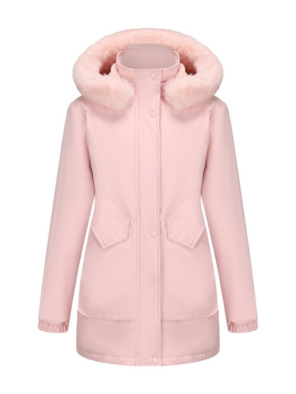 With Fur Collar Hooded For Warmth Drawstring Pocket Down Jacket