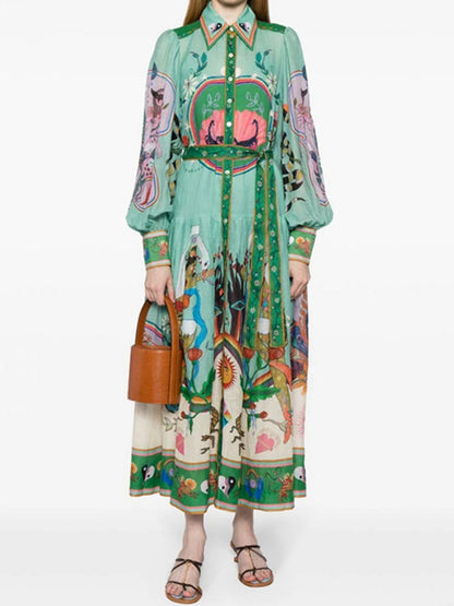 Floral Print Bohemia Polo Collar Lantern Sleeves Maxi Dresses