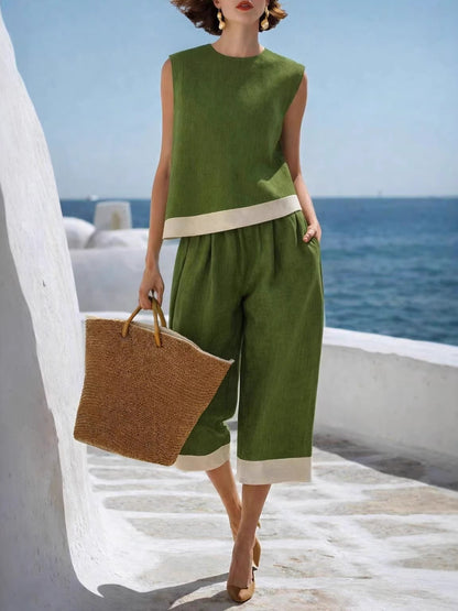 Color-blocked Cotton-linen Blend Bohemian-style Two-piece Set