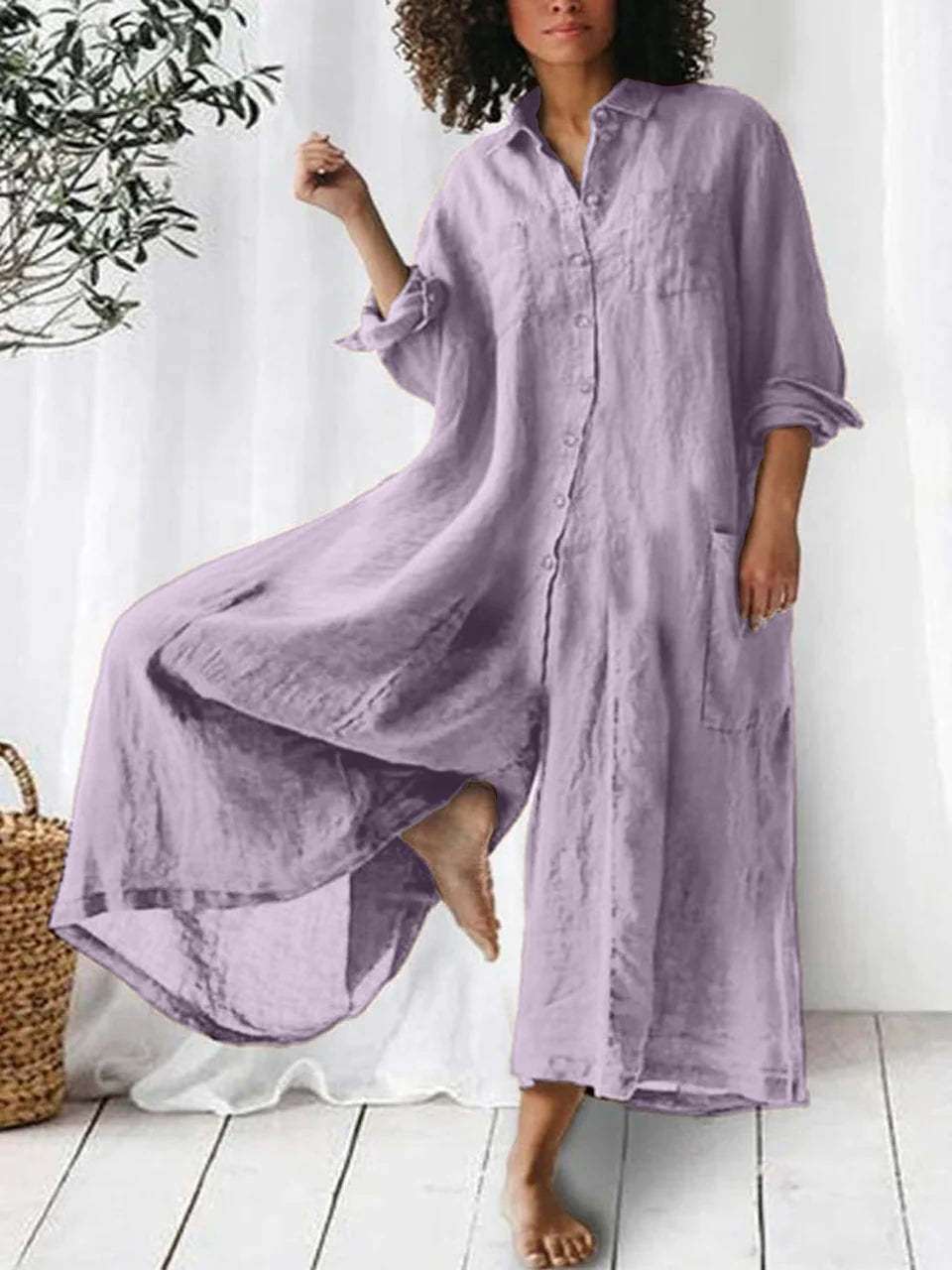 Long-sleeved Mid-length Cotton Linen Shirt Jumpsuit