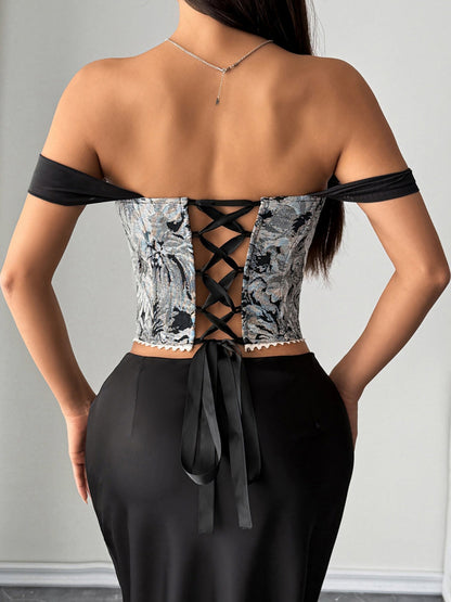 Jacquard Strapless Lace Tethered Fish Bones Strapless Bra