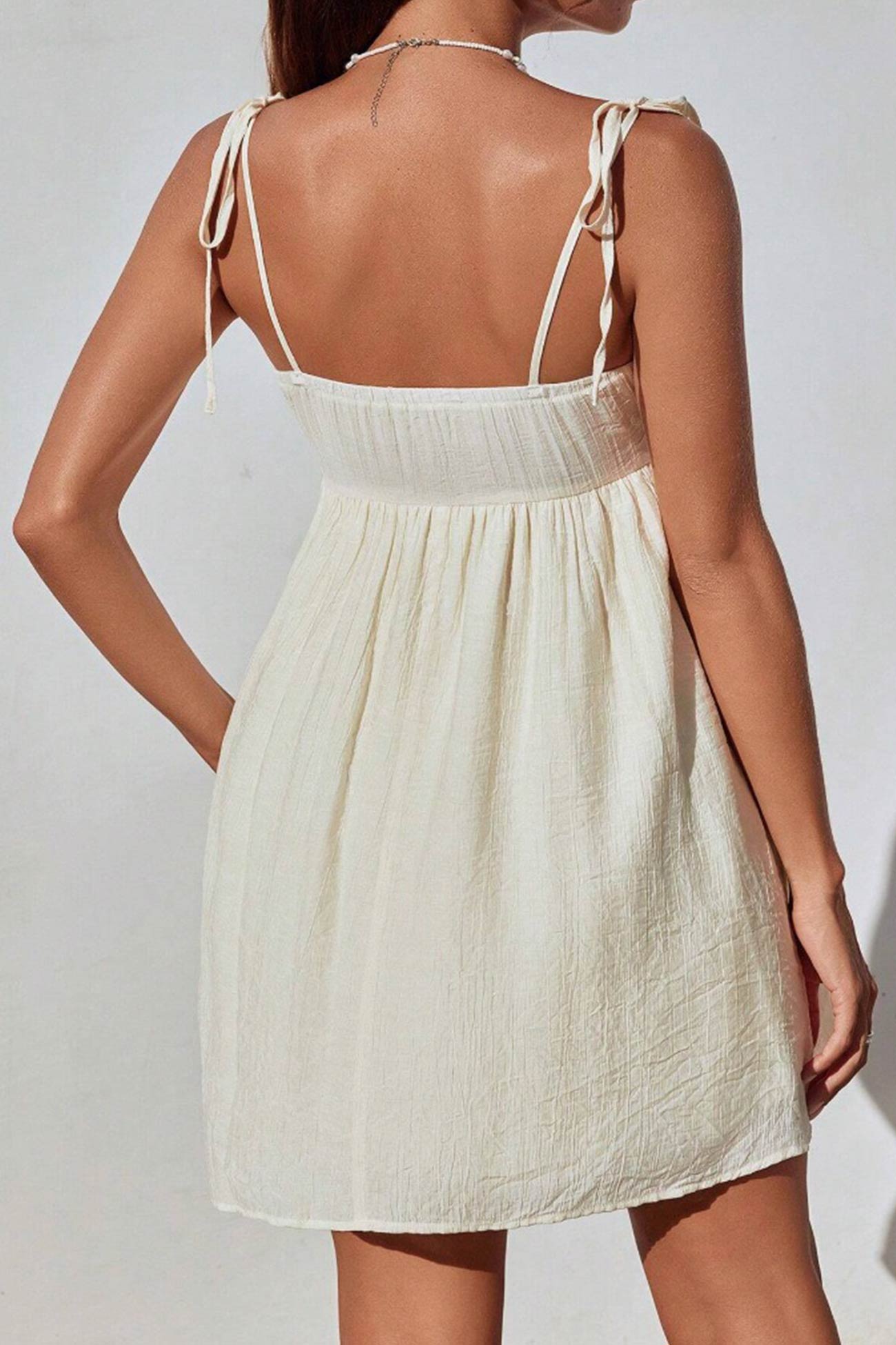 Tie Shoulder Sweetheart Crinkled Texture Babydoll Mini Dress