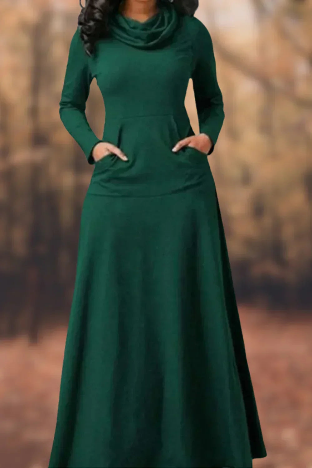 Cowl Neck Long Sleeve Kangaroo Pocket Jersey A-Line Maxi Dress