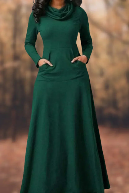 Cowl Neck Long Sleeve Kangaroo Pocket Jersey A-Line Maxi Dress