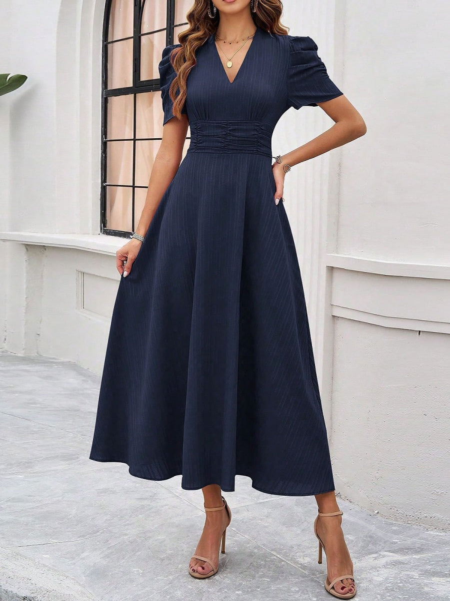 Pleated Waist Short Sleeve Maxi Dresses