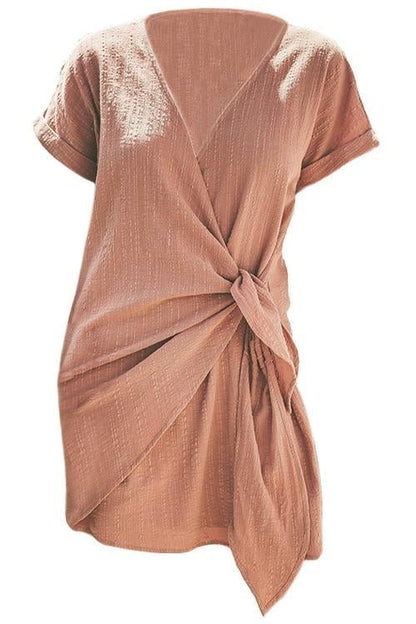Margovil Solid Cross V Neck Tie Wrap Dress