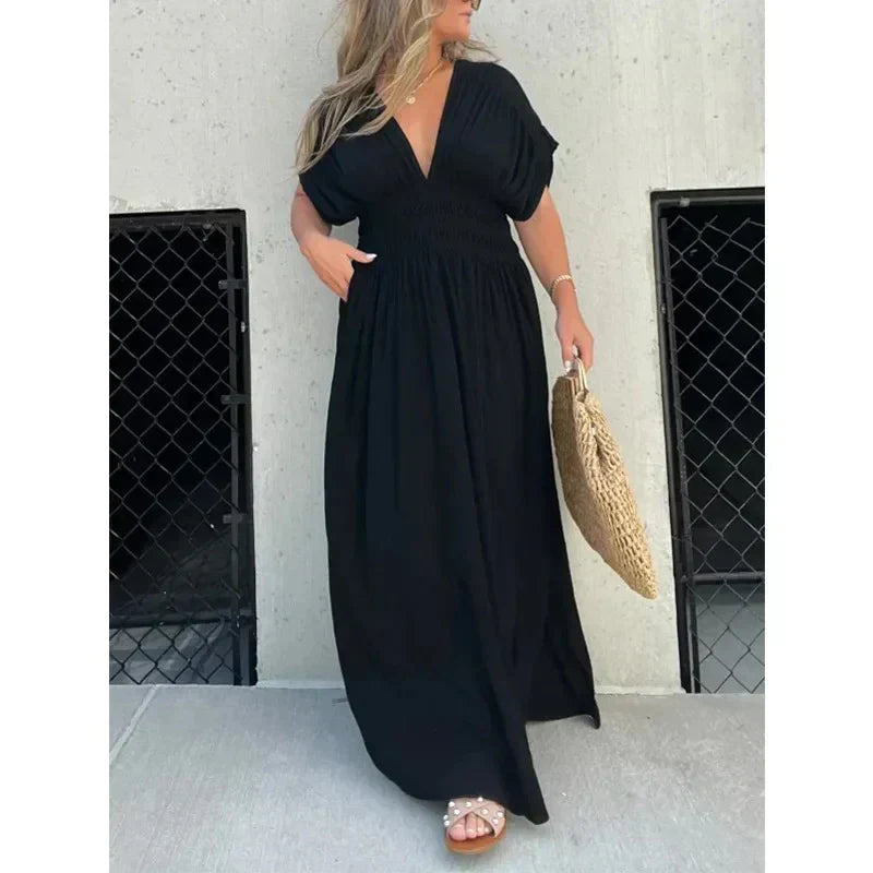 Deep V-Neck Flutter Sleeve Smocked Waist Side Slit Maxi Dress
