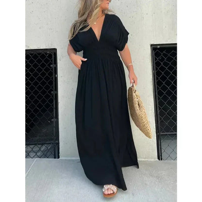 Deep V-Neck Flutter Sleeve Smocked Waist Side Slit Maxi Dress