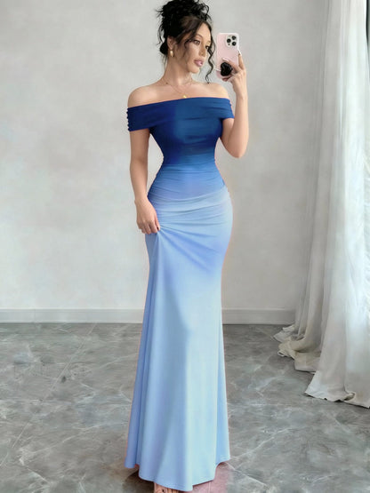 Off Shoulder Hip-hugging Gradient Maxi Dresses