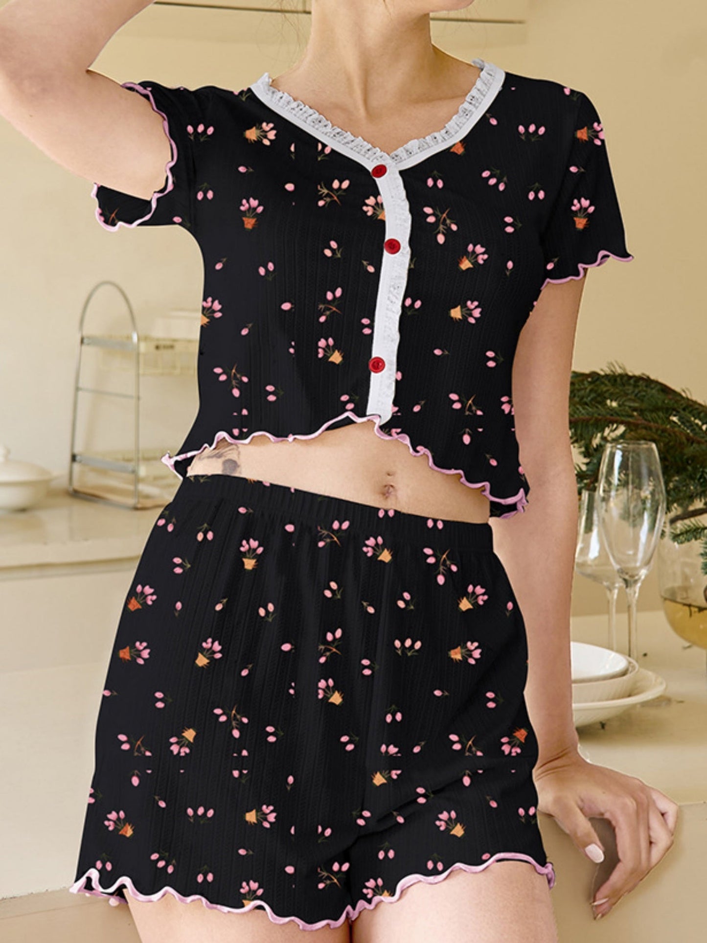 Printed Button Lace Short Sleeves And Shorts Pajama Set