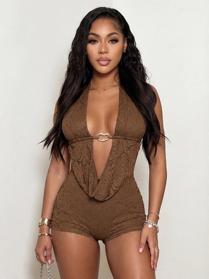 Lace Sway Neck Backless Top Slim-fit Shorts 2-piece Sets