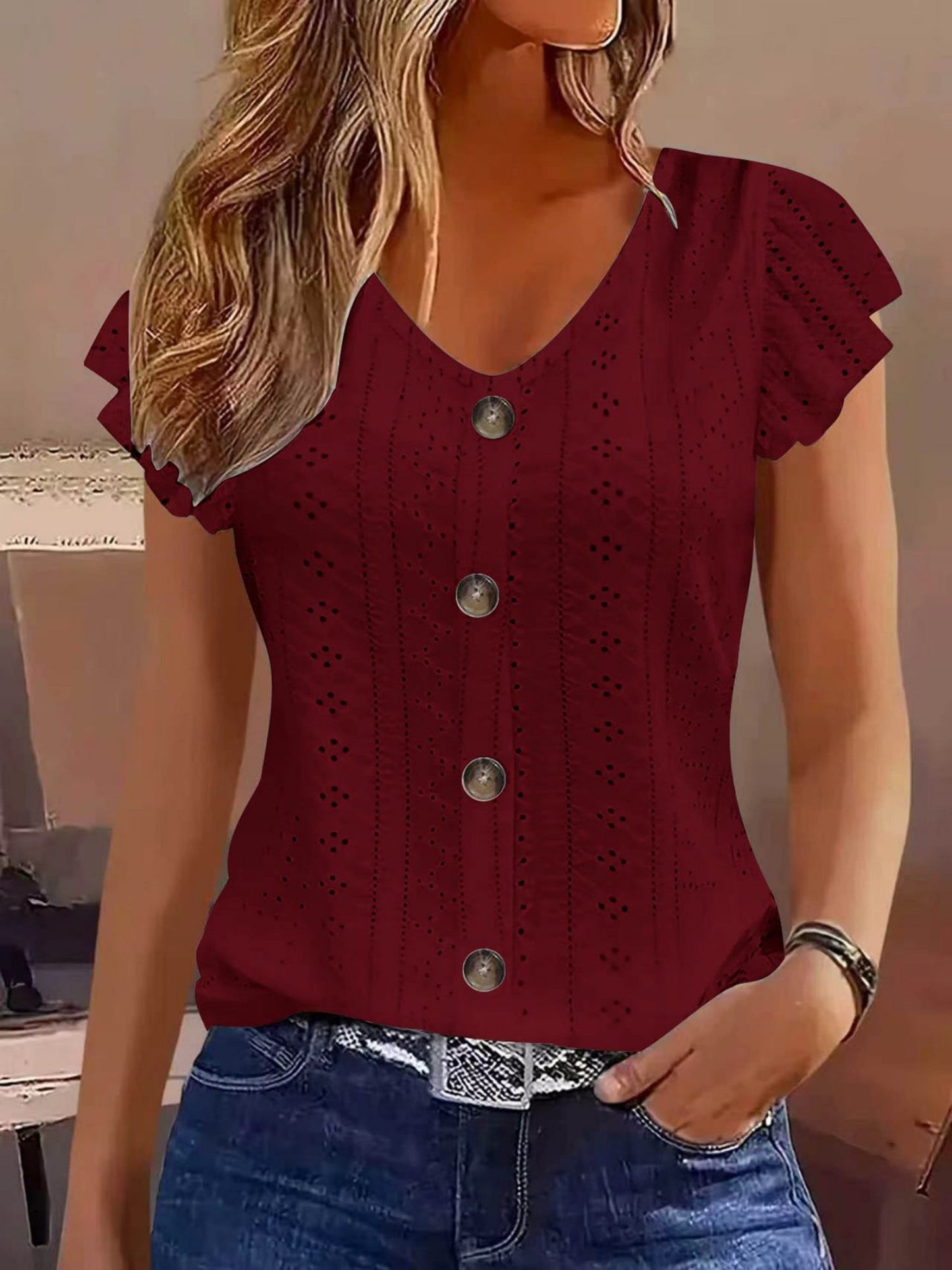 Jacquard Hollow Out Lotus Leaf Sleeves Buttons Crew Neck T-shirts
