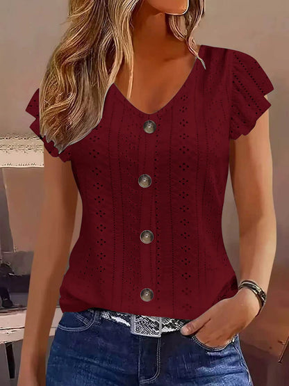 Jacquard Hollow Out Lotus Leaf Sleeves Buttons Crew Neck T-shirts