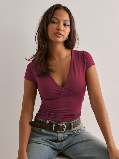 Deep V-neck Solid Color Slimming And Waist-cinching Short-sleeved T-shirt