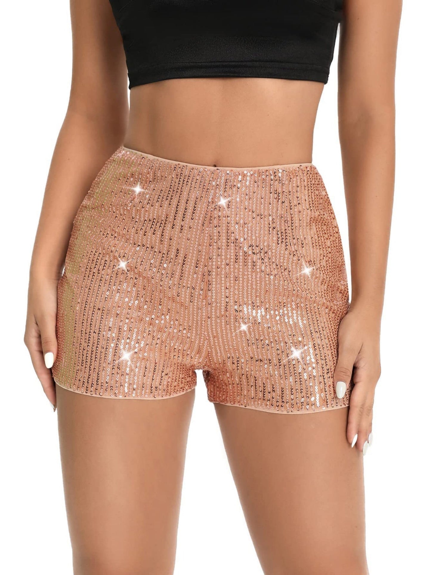 Sequins High Elasticity Mid-rise Straight-fit Shorts