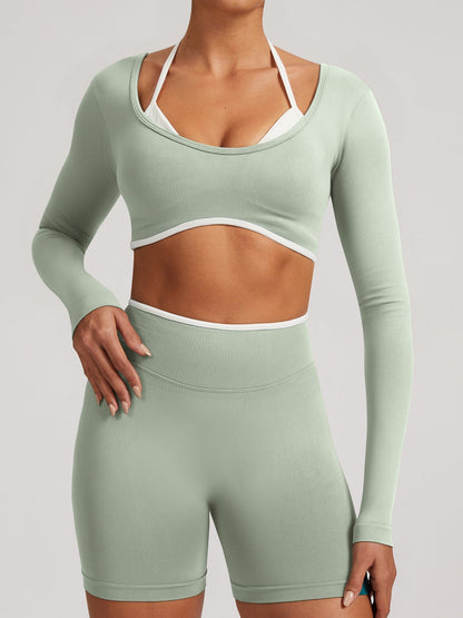 Seamless Faux Two-Piece Exercise And Fitness Yoga Long-sleeved Top