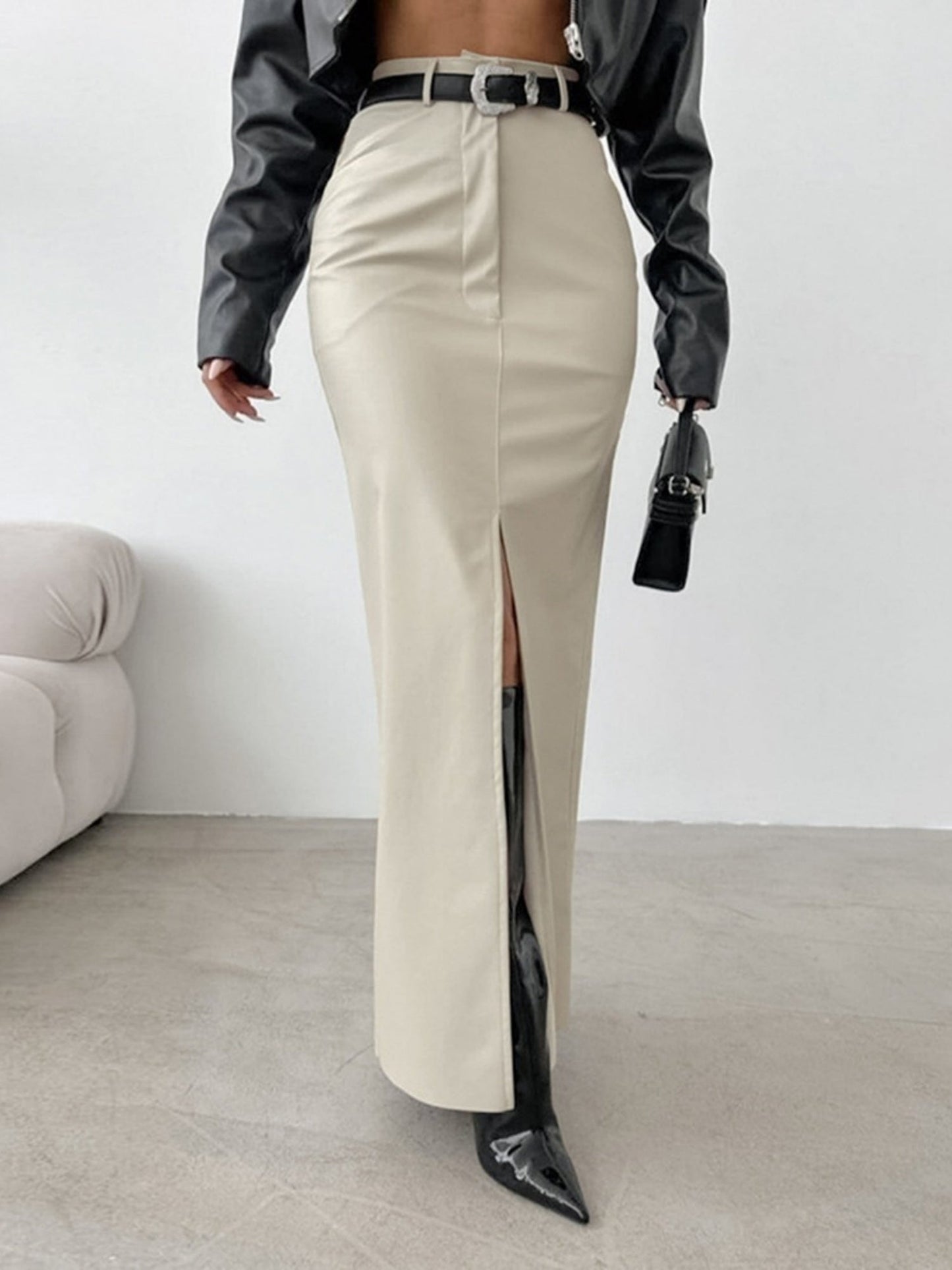 PU Leather High-waisted Slim Fit Hip Body Slit Longline Skirts