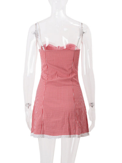 Plaid Lace Trim Camisoles Slim-fit Mini&Short Dresses