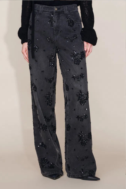 Jhenie Beaded Sequin Floral Wide-Leg Denim Jeans