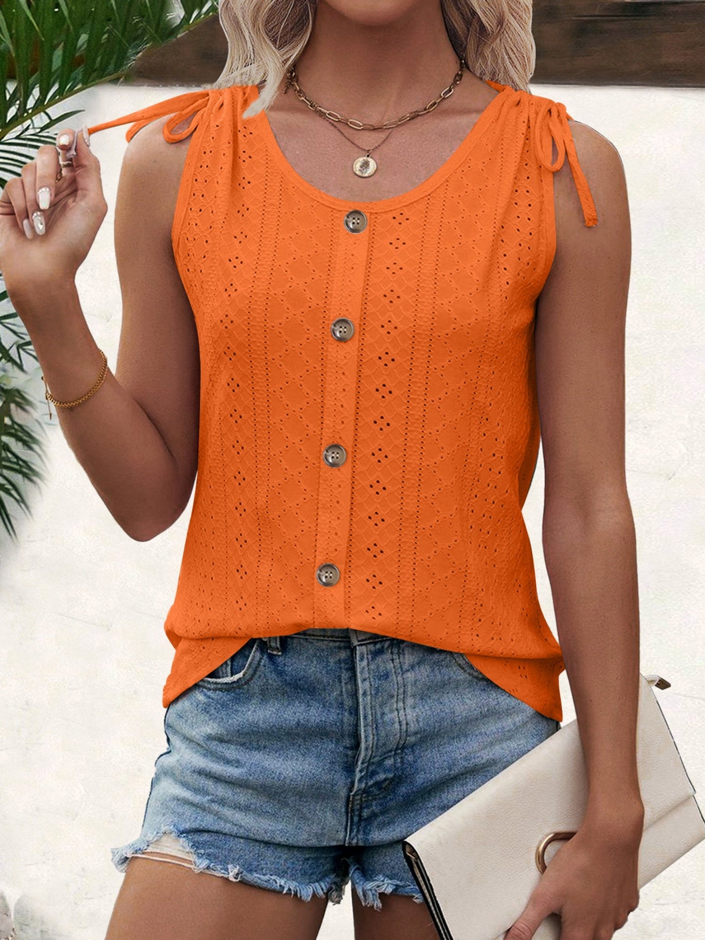 Jacquard Hollow Out Straps Buttons U-neck Vest