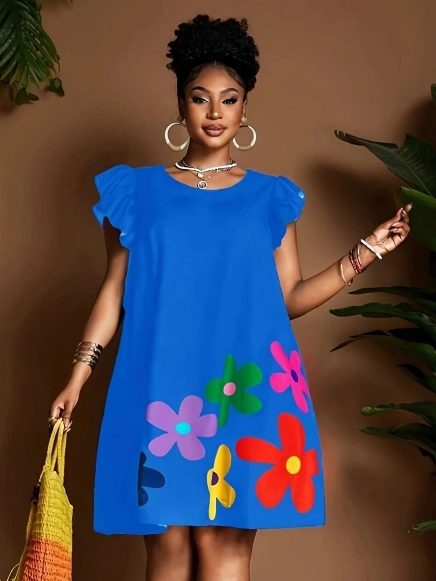 Floral Print Round Neck And Flutter Sleeves Mini&Short Dresses