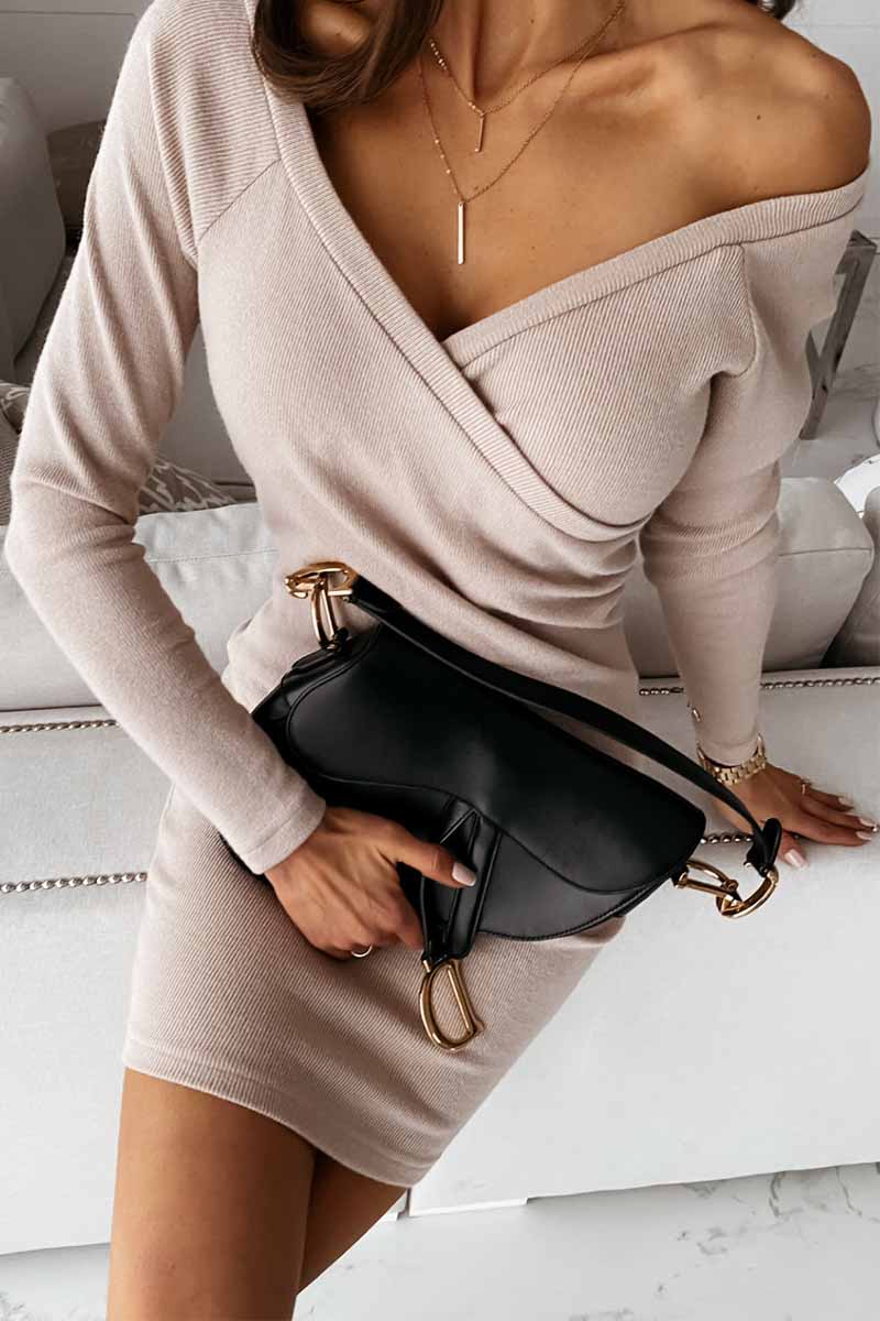 Rib Knit Wrap-Front Deep V-Neck Long Sleeve Bodycon Mini Dress