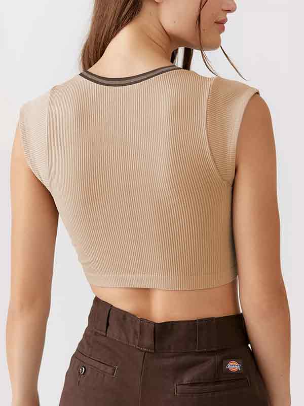 Ribbed Stitch V Neck Crop Short Sleeve Knit