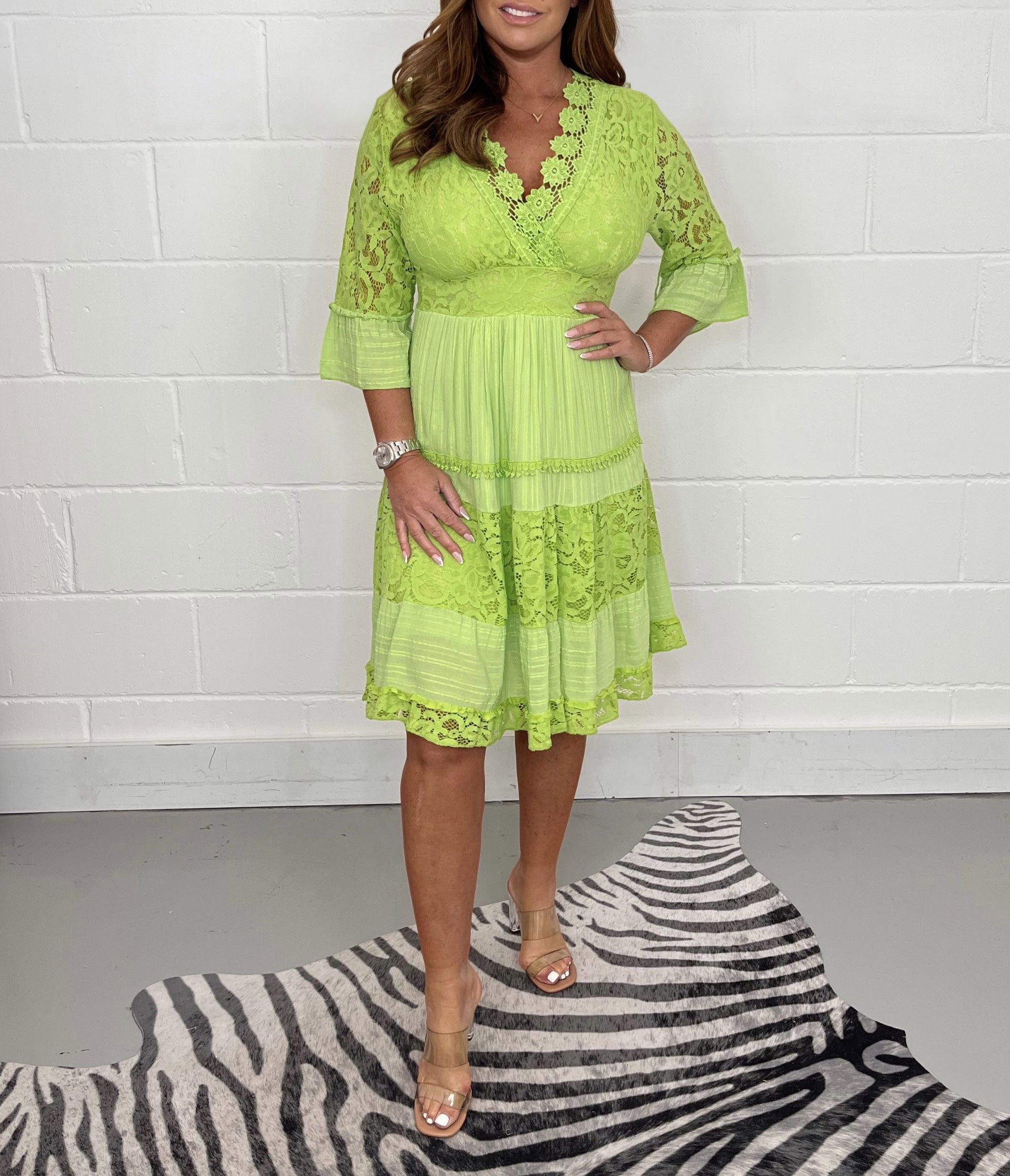 Lace V-Neck Bell Sleeve Tiered Scalloped Hem Midi Dress