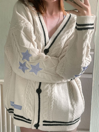 Oversize Star Embroidered Cable Knit Cardigan