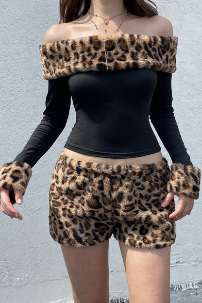 | Fleece Off-the-shoulder Two Piece Set in Leopard Print