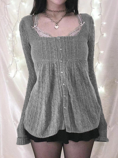 Solid Pointelle Square Neck Knit Cardigan