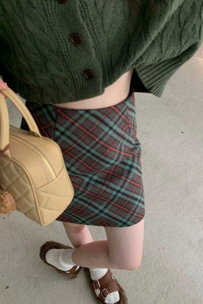 Tweed Plaid Vintage High Waist Fitted Short Skirt