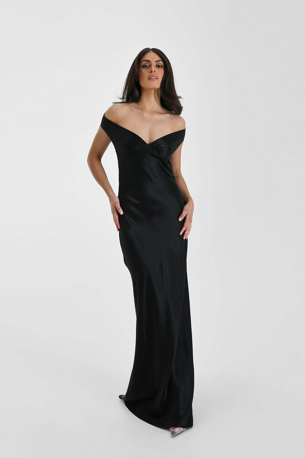 | Satin Mermaid Off Shoulder Maxi Dress