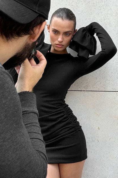Solid Color Crew Neck Ruffled Ruched Sexy Mini Dress
