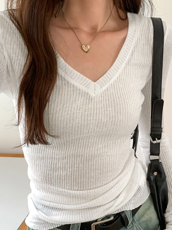 Ribbed V Neck Slim Long Sleeve Knit