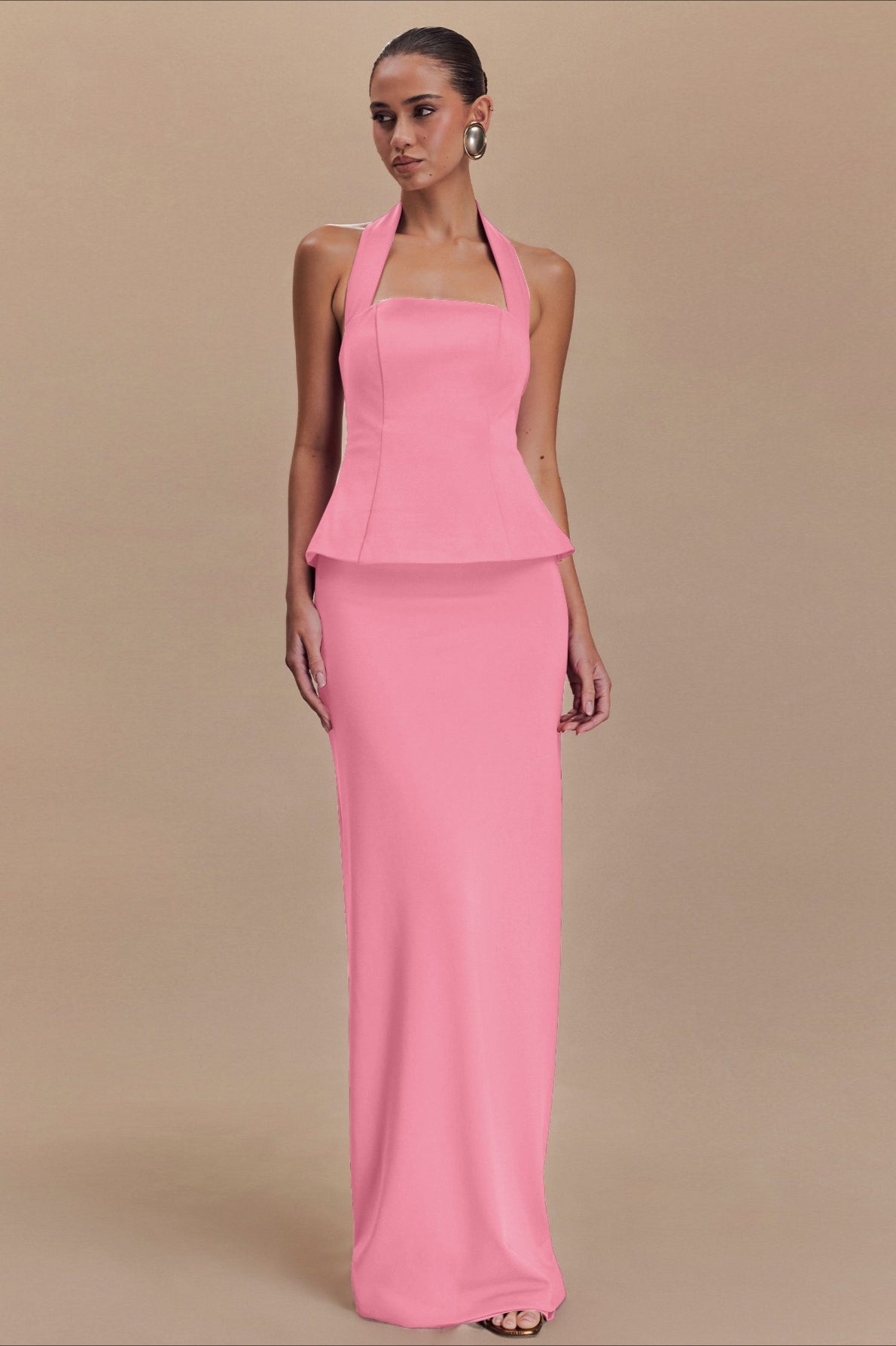 Square Neck Halter Peplum Top Column Maxi Skirt Set