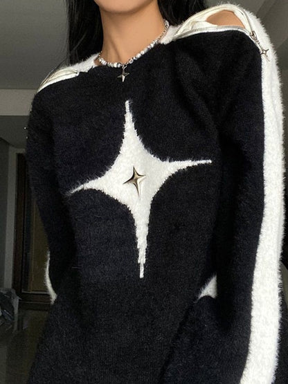 Star Decor Zipper Cutout Loose Sweater