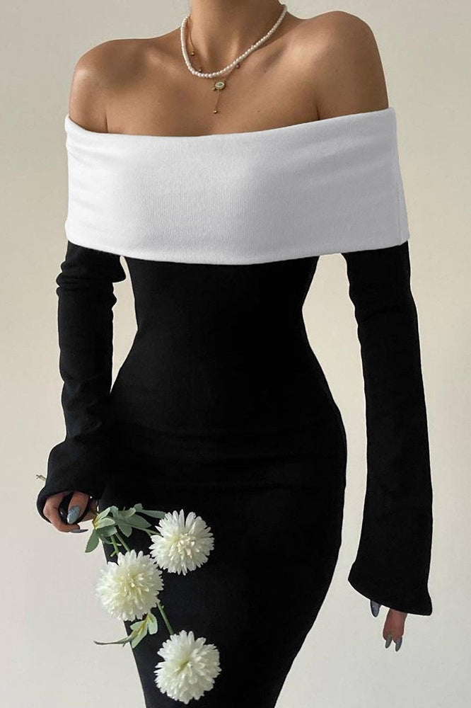 | Colorblock Off Shoulder Maxi Dress