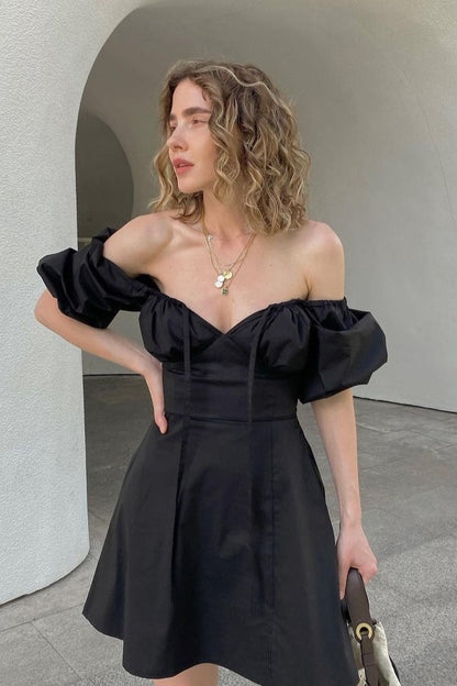 Off Shoulder Puff Sleeve Sweetheart Neck Gathered Bodice Mini Dress
