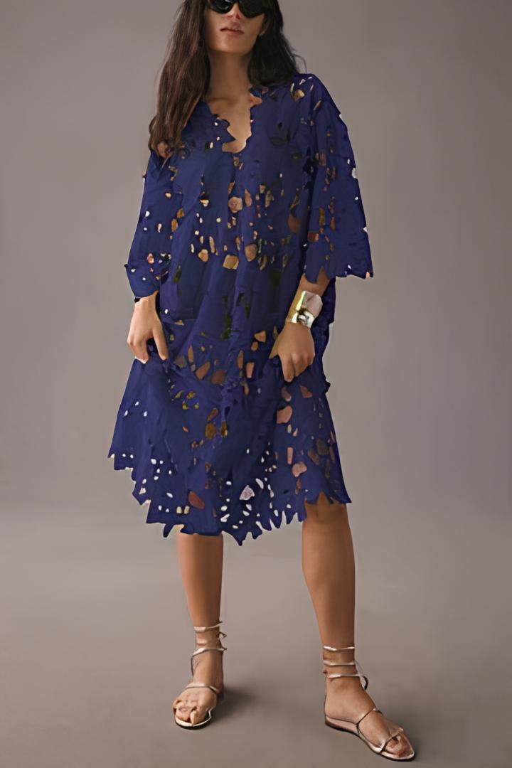 Floral Eyelet Laser-Cut Scalloped V-Neck Oversized Kaftan Maxi Dress